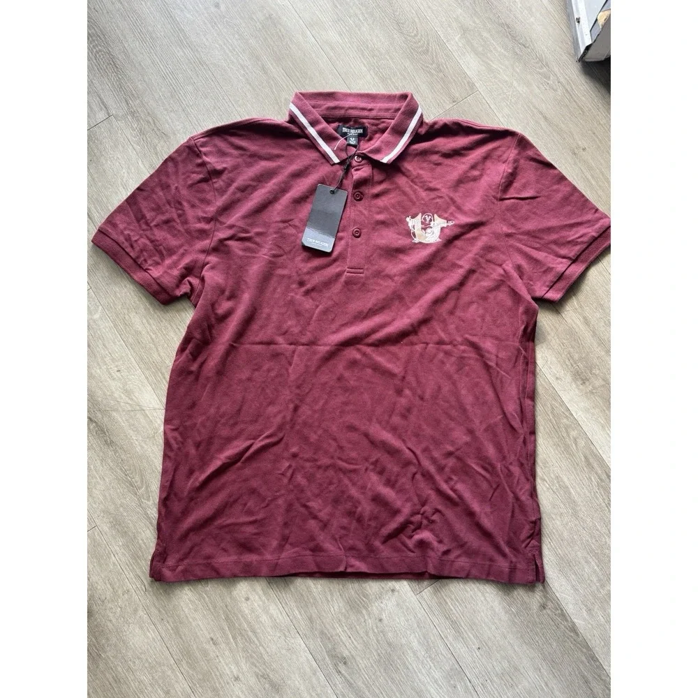 True Religion Polo Shirt Mens XL Burgundy Guitar Graphic Embroidered Logo NWT